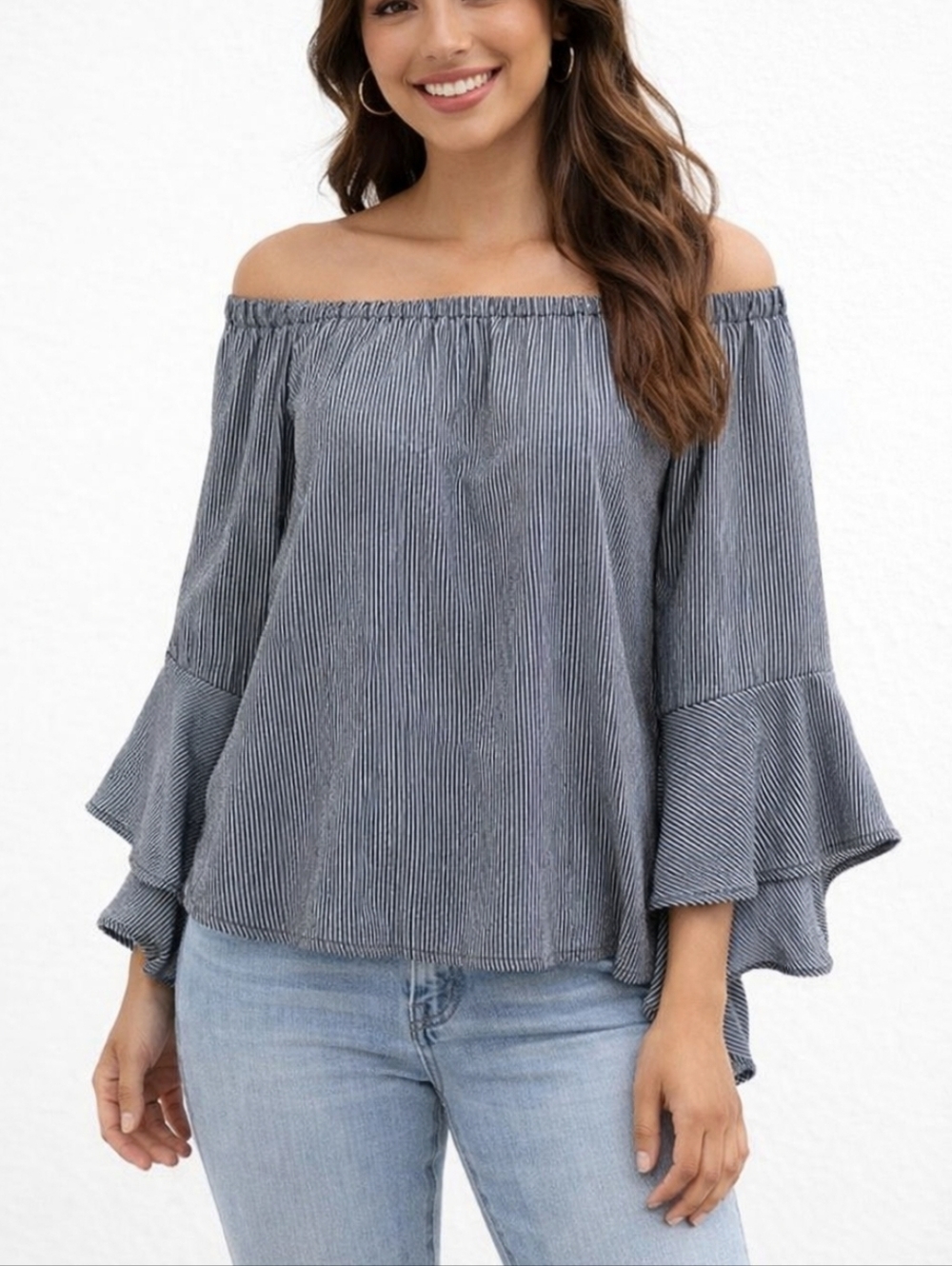 Faith and Joy Off-Shoulder Boho Bell Sleeve Top – Size M | Flowy + Trendy
